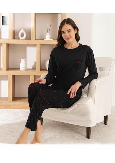 Pijamoni Kadın Milan Bisiklet Yaka Uzun Kol İnce Pijama Takımı 7575/4 - 1 Adet Siyah