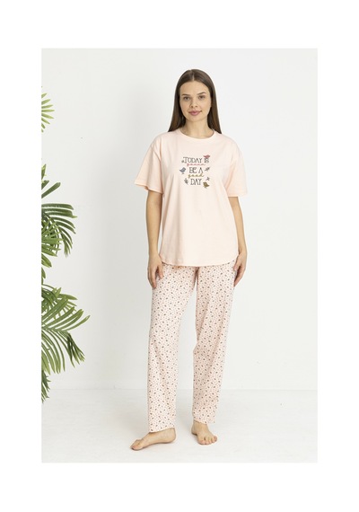 Estiva Kadın Kalp Alt Desenli Somon Penye Lycra Kısa Kollu Pijama Takımı Çok renkli