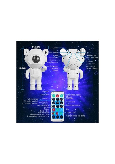 Astronaut Speaker Projector Lamp Bluetooth Speaker Stickerlı Kumandalı Astronot Model Gece Lambası Beyaz