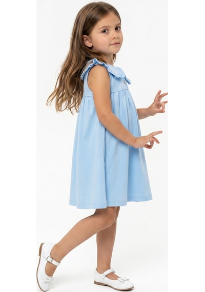 Toontoy Kids Toontoy Kız Çocuk Regular Fit Bebe Yaka Düğmeli Kısa Kollu Elbise 25049 Mavi