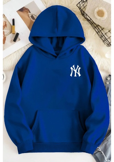 Herkesemoda Ön Ve Arka Baskılıı Kapüşonlu Sweatshirt Mavi