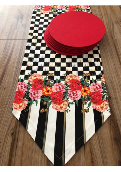 Kırmızı Gül Desenli Runner & Supla Çok Renkli