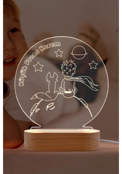 Küçük Prens Kişiye Özel Led Gece Lambası Masif Ahşap Tabanlı Usb Kablolu Pleksi Led Gece Lambası