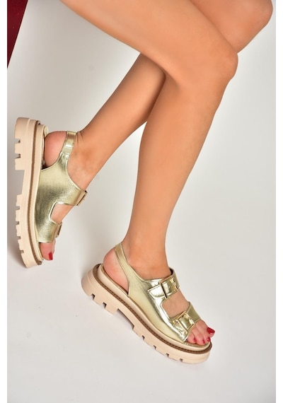 Fox Shoess437302209 Altın Kalın Tabanlı Kadın Sandalet Altın