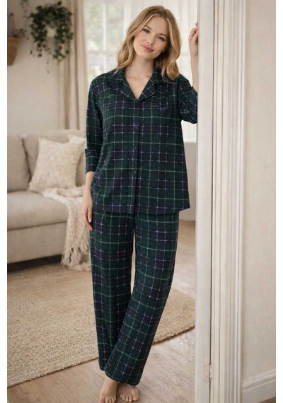 Tenra Kadın Pijama Takımı Boydan Düğmeli Haki