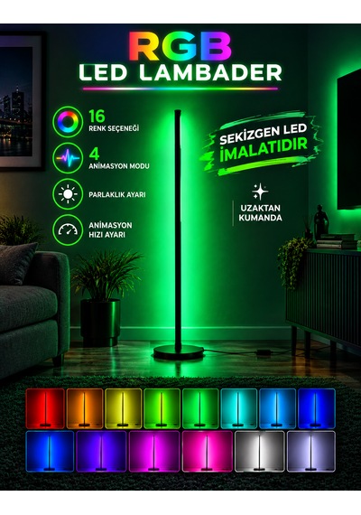 Led Lambader 120 Cm Rgb Mix Kumandalı Renk Geçişli 16 Renk Ambiyans Köşe Aydınlatma Siyah