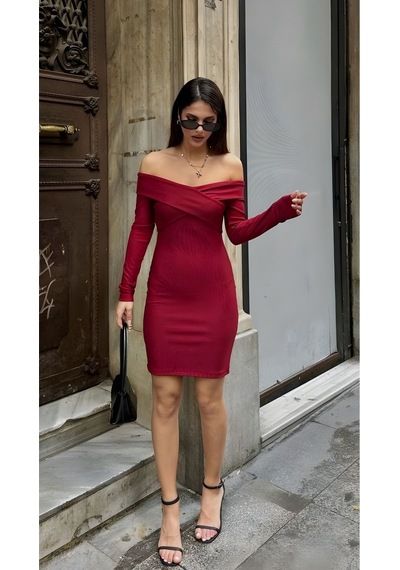 Lymens Noir Elegance Çapraz Bant Detaylı Elbise Bordo