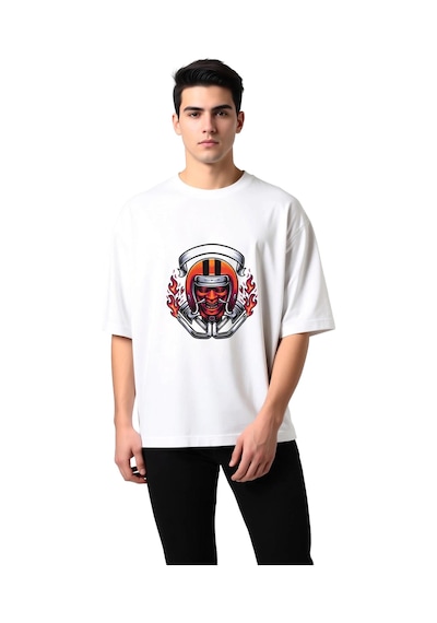 Paybuy Erkek Oversize Tişört Kafatası Futbol Kaskı Baskılı Ateş Detaylı