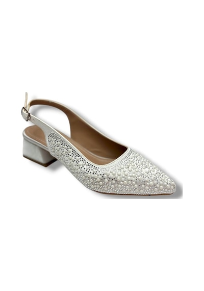 C-shoes 2605-26 Saten İncili Taşlı Kare Topuk Arkası Açık Kadın Ayakkabı GÜMÜŞ