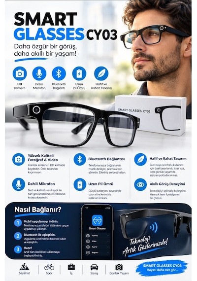 Cy03 Kameralı Akıllı Gözlük - Bluetooth Hd Fotoğraf Video Çekimi - Müzik - Telefon Görüşmesi - Sesli Asistan