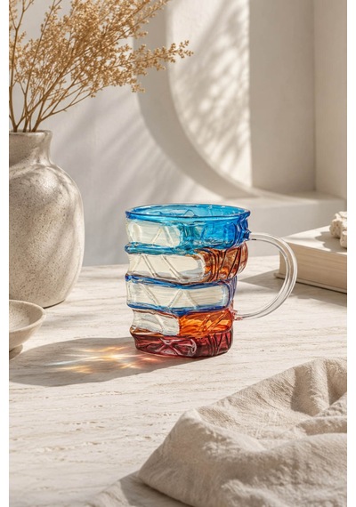 2'li Kitap Tasarımlı Renkli Borosilikat Cam Kupa 350 Ml 3 Boyutlu Kahve, Çay Ve Nescafe Bardağı