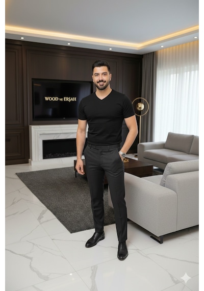 Lüx Wood Lüx Erşah 6'lı Ekonomik Paket V Yaka %95 Pamuk %5 Likra Full Esnek Penye Siyah