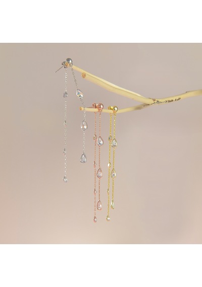 Queen Silver Jewelry 925 Ayar Gümüş. Damla Ve Yuvarlak Zirkon Taş Sallantılı Küpe Altın