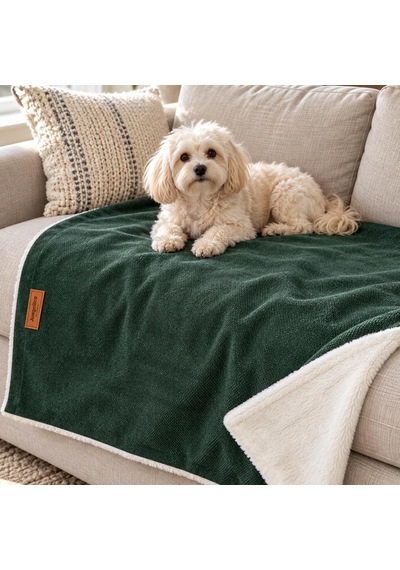 Çift Taraflı, Katlanabilir, Taşıma Kılıflı, Yıkanabilir Kedi Ve Köpek Battaniyesi, Matı Yeşil-ekru, Large