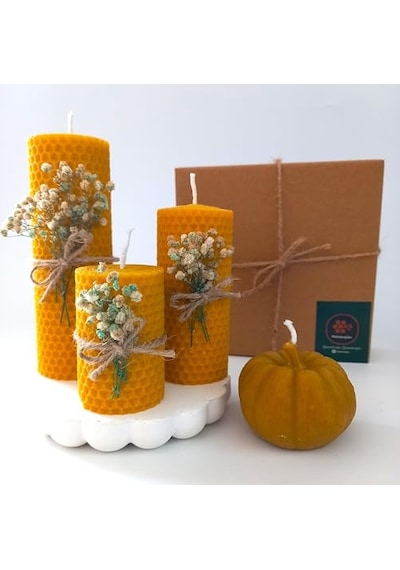 Balmumu Mum Dekoratif Hediye Kutusu 4 Lü Set Doğal Petek Beeswax Candle Bal Kabağı Krem Yeşil Çiçekli Diğer