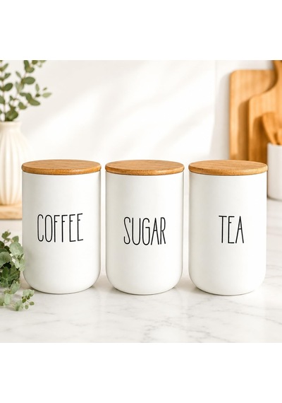 3'lü Bambu Kapaklı Seramik Saklama Kabı Seti, Her Biri 1000 Ml, Coffee Sugar Tea Yazılı Kahve Şeker Çay Kavanozu, Tezgâh Üstü Mutfak Düzenleyici Çok Renkli