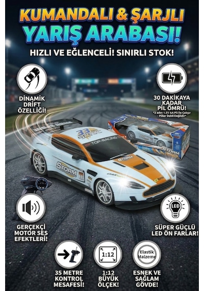 1:12 Ölçek Uzaktan Kumandalı Şarjlı Drift Arabası - Büyük Boy Işıklı Ve Sesli Yarış Arabası Mavi Turuncu