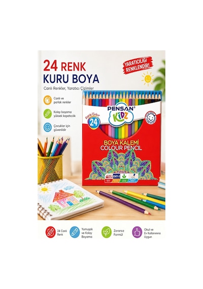 24 Lü Kuru Boya Kalemi Karton Kutu 1 Paket Pensan 24 Renk Kuruboya Tam Boy Canlı Renkli Boya Kalem Okul Öğrenci Çok Renkli