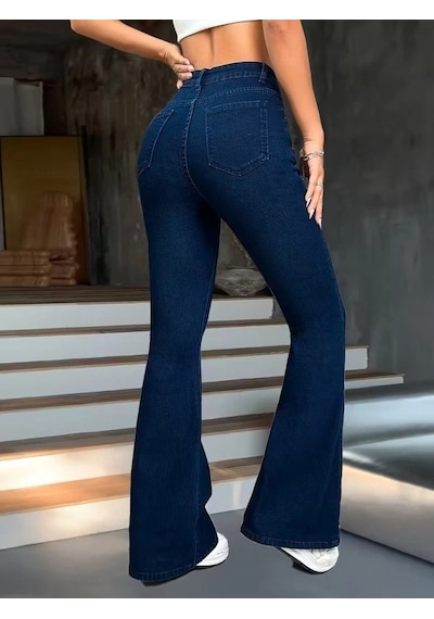 Defymoda Kadın Yüksek Bel Paçaya Doğru Geniş Kot Pantolon Lacivert
