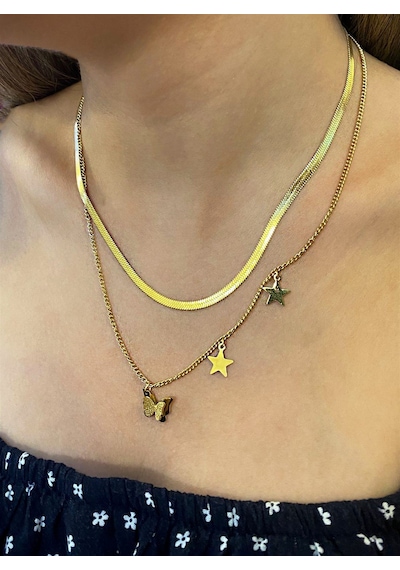 Kadın İtalyan Ezme Ve Kelebek Model İkili Çelik Kolye Gold
