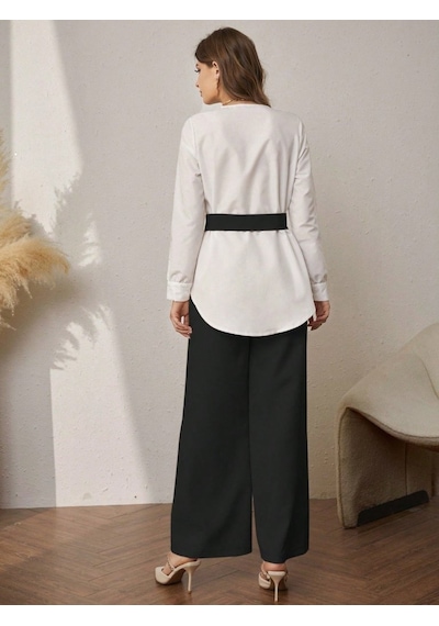 Moderie Butik Kadın Uzun Kollu Açık Yakalı Çift Renkli Kemerli Ithal Krep Ikili Takım Siyah Moderie Butik Kadın Uzun Kollu Açık Yakalı Çift Renkli Kemerli Ithal Krep Ikili Takım Siyah