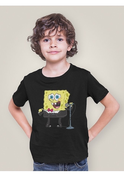 Sevbano Sunucu Süngerbob Baskılı Unisex Çizgi Film Çocuk Tişört 1-12 Yaş SIYAH