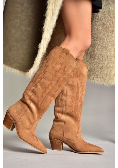 Fox Shoes T267765202 Taba Süet Kovboy Model Kadın Çizme Taba-Süet