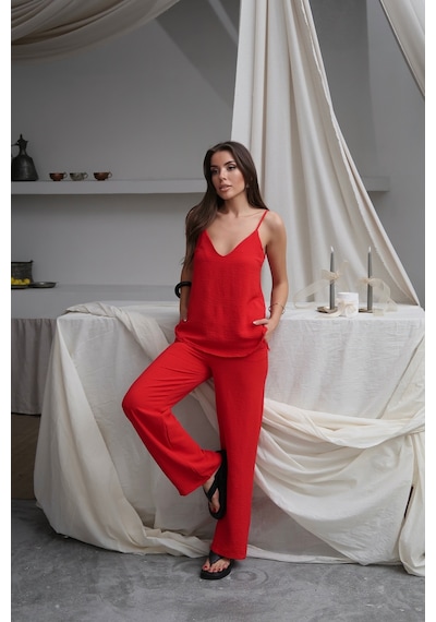 Paw Garage Kadın Shay Kırmızı Ayrobin Ip Askılı Bluz Bol Paça Pantolon Takım, Yaz Yeni Sezon Paw Garage Kadın Shay Kırmızı Ayrobin Ip Askılı Bluz Bol Paça Pantolon Takım, Yaz Yeni Sezon