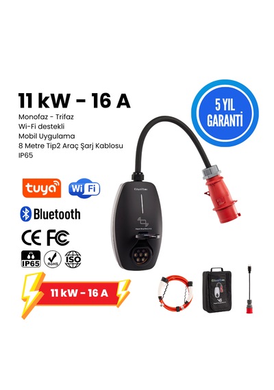 Evwallbox 11 Kw V3 Türkçe Mobil Uygulama 5 Yıl Garanti 8 Metre Tip2 Araç Şarj Kablosu