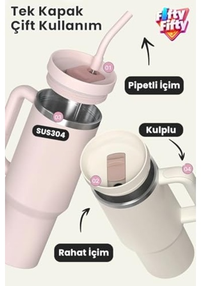 Tumbler Quencher Cup 1200 Ml Pipetli Rahat İçim Kulplu Sus304 Paslanmaz Çelik 1.2l Termos 1103-1200ml Yeşil Diğer