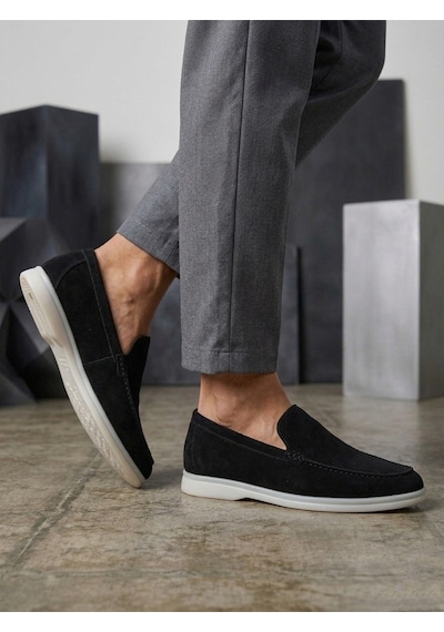 DMR Elegance Ba0252 %100 İçi Dışı Hakiki Deri Erkek Siyah Süet Casual Loafer Termo Taban Ayakkabı Rekli
