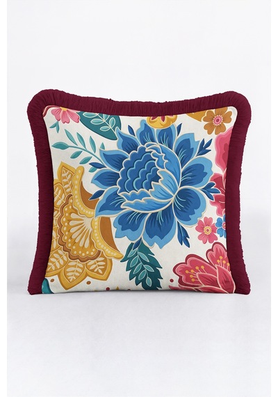 Çiçek Desenli Bohem Şık Saçaklı Yastık Kılıfı - Etnik Floral Modern Püsküllü Kırlent Kılıfı Siyah
