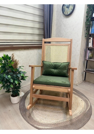 Asedia Veranda Naturel Yeşil Minderli Hasırlı Sallanan Sandalye Dinlenme Koltuğu