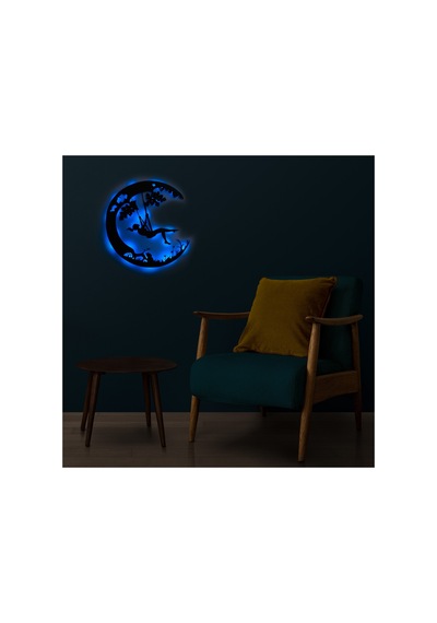 Led Işıklı Ayda Salıncaktaki Kız Dekoratif Tablo Balkon Duvar Dekorlu Gece Lambası Mavi - 737270709 Mavi