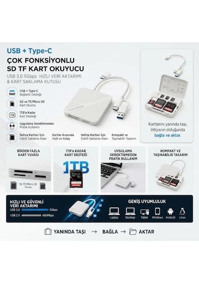Buffer Usb Ve Type-c Uyumlu Çok Fonksiyonlu Sd Tf Kart Okuyucu, Usb 3.0 5gbps Yüksek Hızlı Veri Aktarım Adaptör