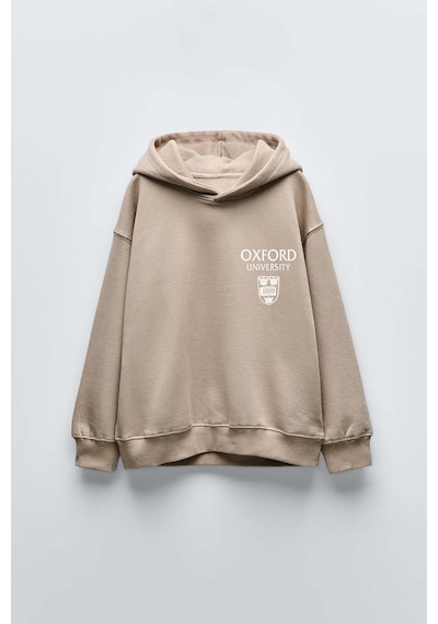 Erkek Çocuk Oxford Modelli Kol Manşetli Pamuk Kapşonlu Sweat Bej