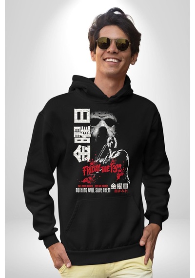 13. Cuma Korku Film Kadın Erkek Siyah Kapüşonlu Sweatshirt Hoodie Siyah