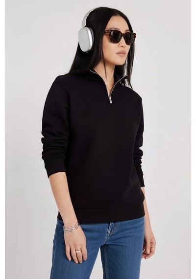 Afri Kadın 3 İplik Şardonlu Yarım Fermuarlı Siyah Sweatshirt İçi Pamuklu Kalın Kumaş, Tam Kalıp Rahat Model Siyah