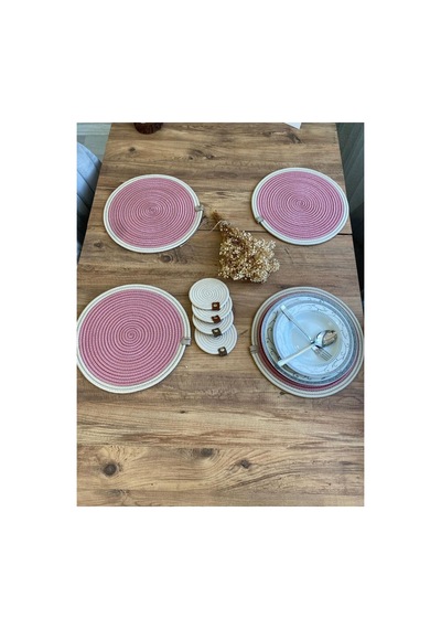 Jüt Hasır Amerikan Servis Supla Ve Bardak Altı 8 Parça Pembe Krem Pembe Krem
