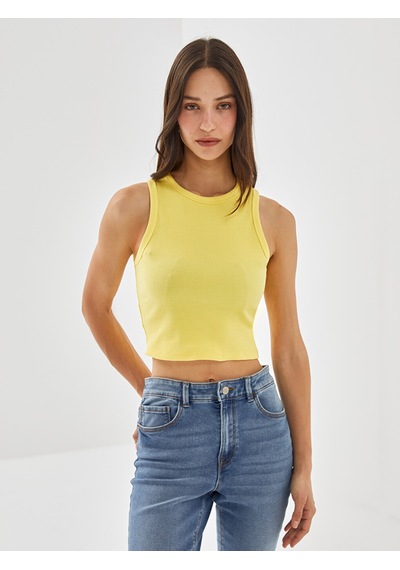 Lcw Vision Sarı Bisiklet Yaka Dokulu Kadın Crop