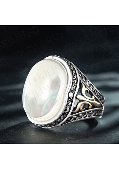 Takılingo 925 Ayar Gümüş Sedef Taşlı Sade Erkek Yüzük Gümüş