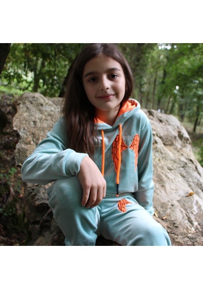 Milenawear by Milena Angel Nakışlı Kadife Kız Çocuk Turkuaz Renk Kapüşonlu Alt Üst Takım Turkuaz