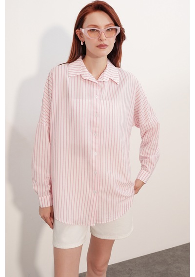 Bigdart Kadın Oversize Çizgili Gömlek 20412 - Pembe