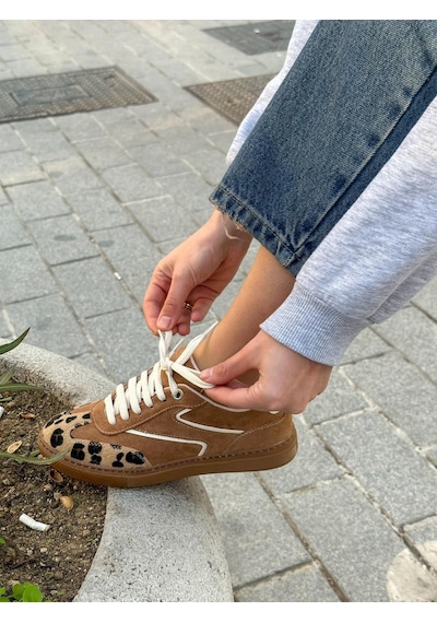 Erva'nın Butiği Taba Süet Wins Leoparlı Bağcıklı Kadın Sneakers-5688