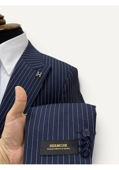 Hermose Sartorial Gece Mavisi Çizgili Yelekli Takım Elbise Mavi
