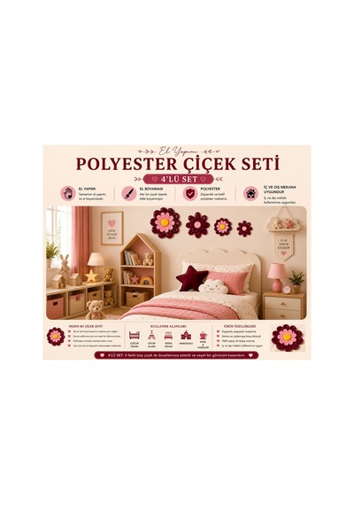 Duvar Dekorasyon Dekor Çiçek 4 Lü Set Bordo