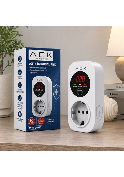 Ack Ay27-00010 Akım-gerilim Korumalı Prizi Tekli Beyaz 15a 140-275v 3000w Regülatör 0