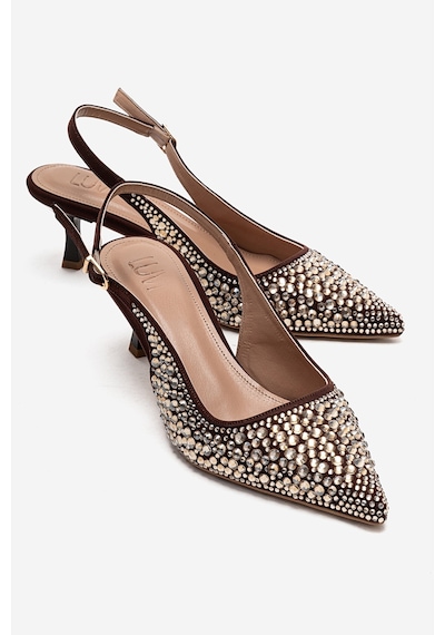 Luvishoes Thea Kahverengi Altın Taşlı Kadın Topuklu Ayakkabı Kahverengi