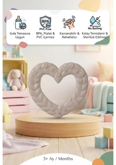 Kalp Şekilli Esnek Bpa İçermeyen Kabartılı Pastel Renkli Oyuncak Bebek Diş Kaşıyıcısı Gri