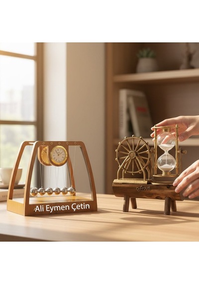 Kişiye Özel Ahşap Masaüstü Newton Beşiği Denge Ve Kum Saati